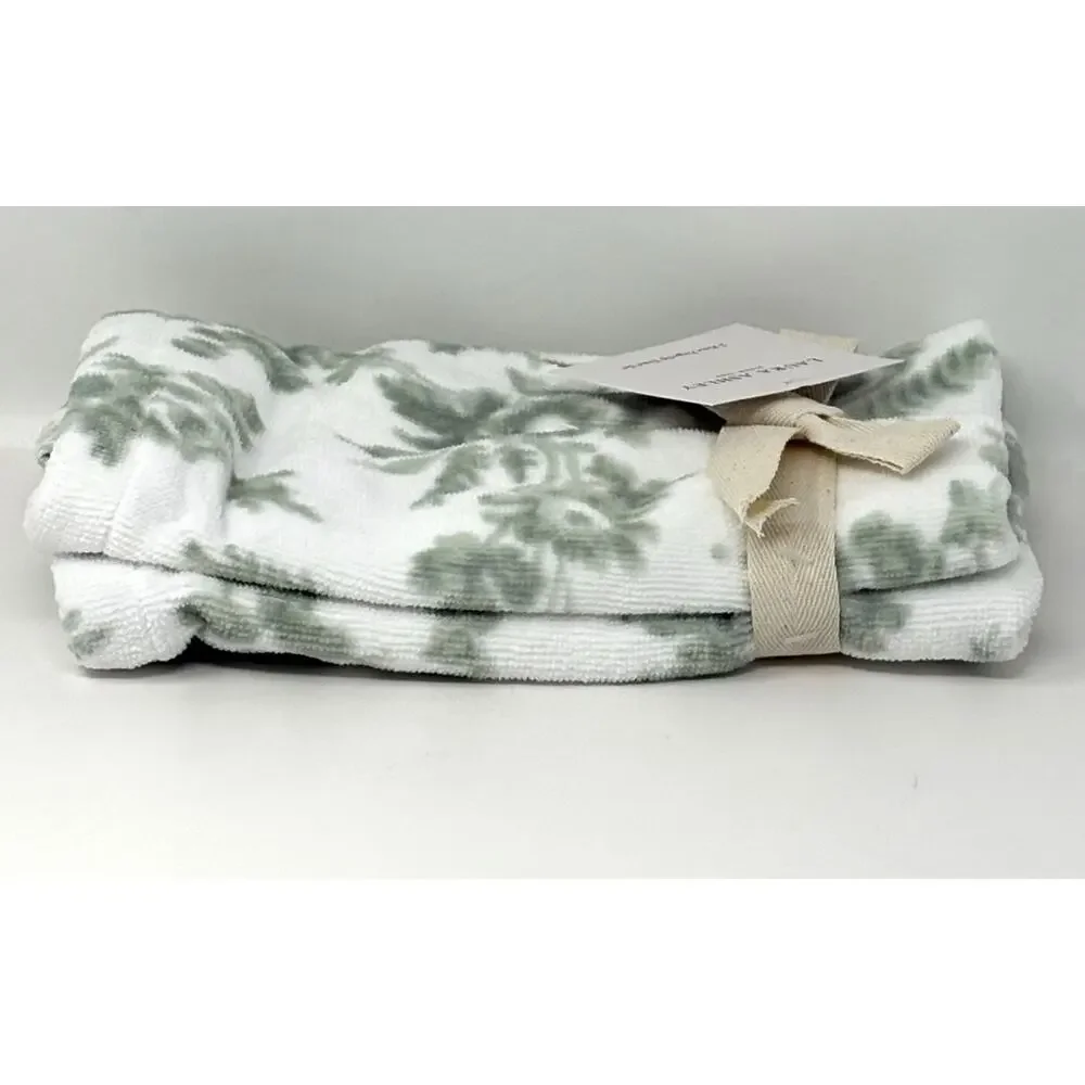 Laura Ashley Floral Bath Fingertip Towel Set 2 Pcs Green White Toile NWT Sage